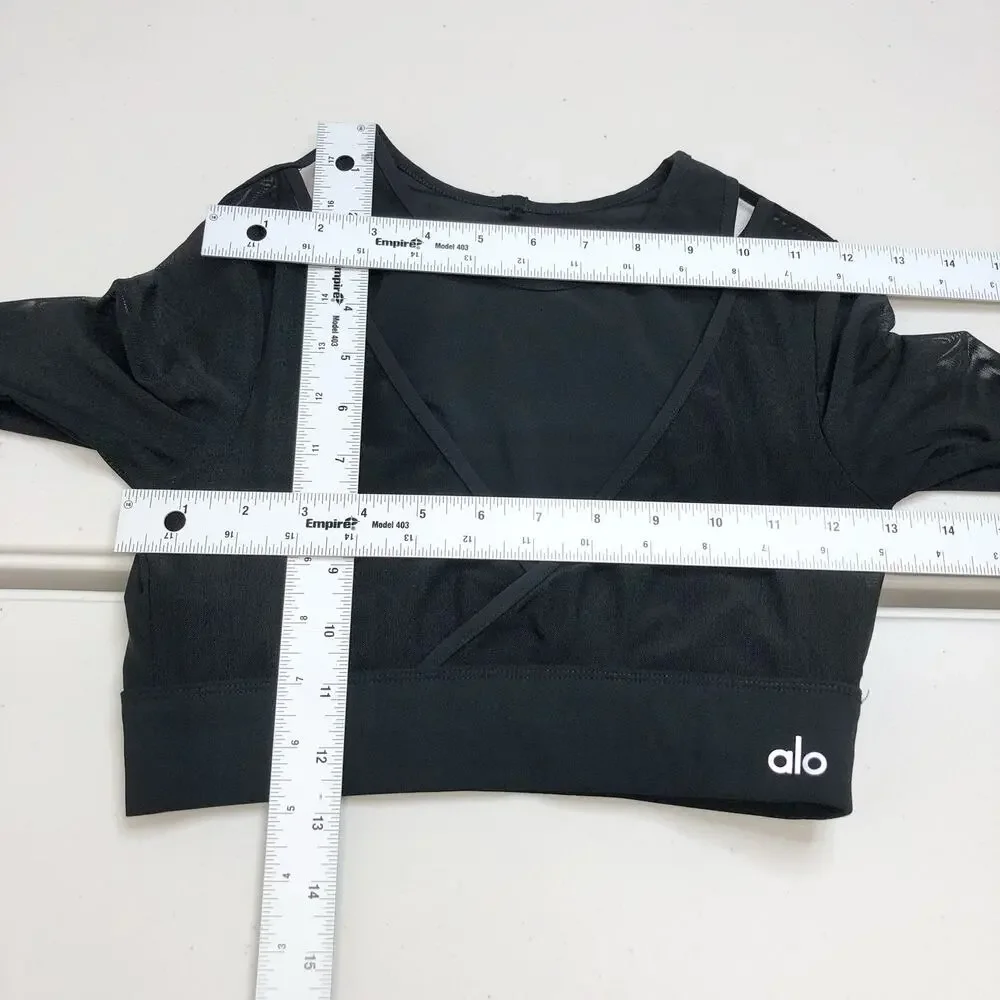 Alo Yoga Pivot Layered Long Sleeve Top Cropped Mesh Size Small Black